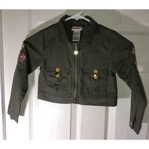 Little Lass Girls Olive or Army Green Embroidered Zip Light Collared Jacket Sz 5